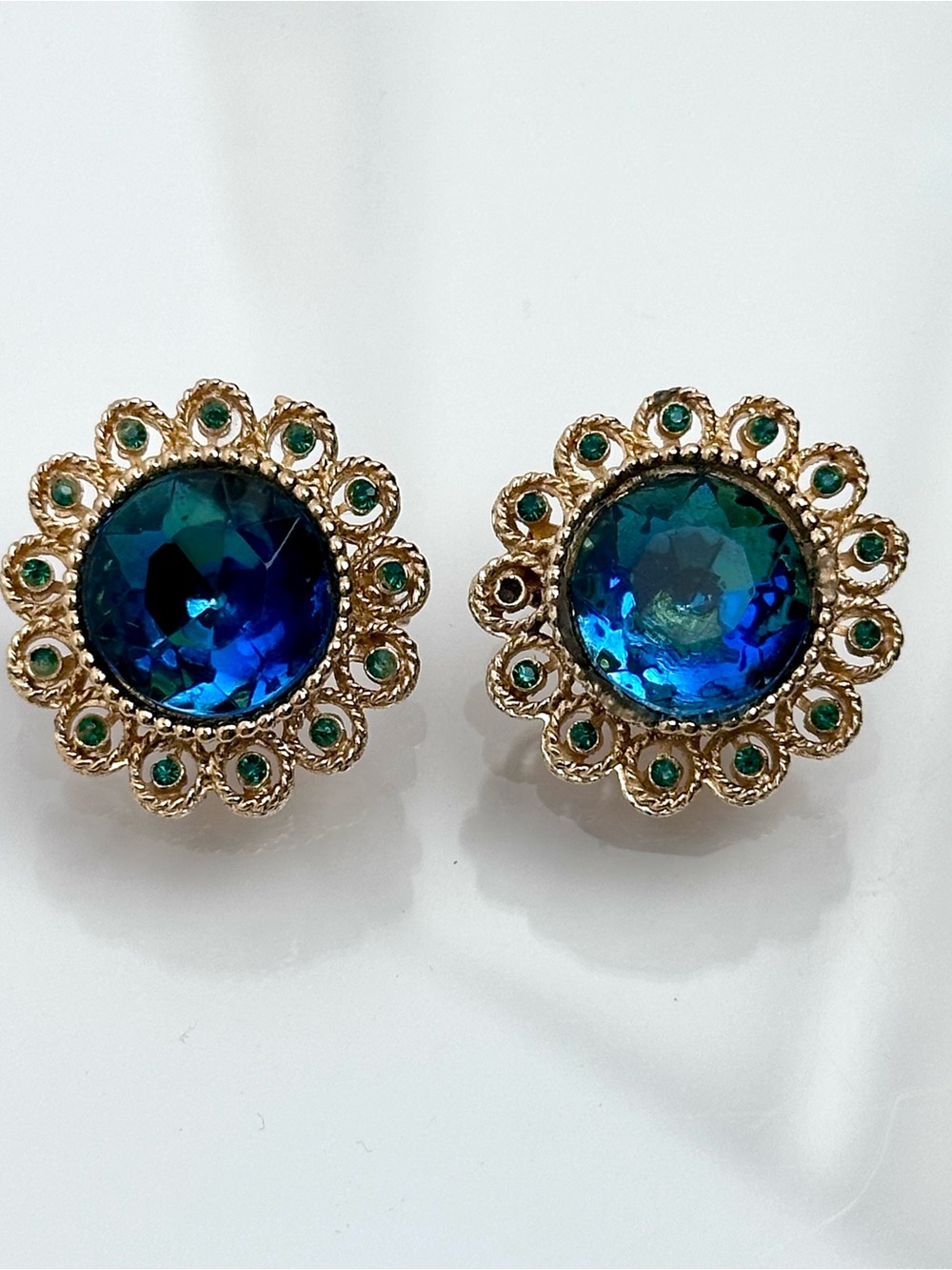 Vintage CORO Blue Green Rhinestone Statement Clip Earrings